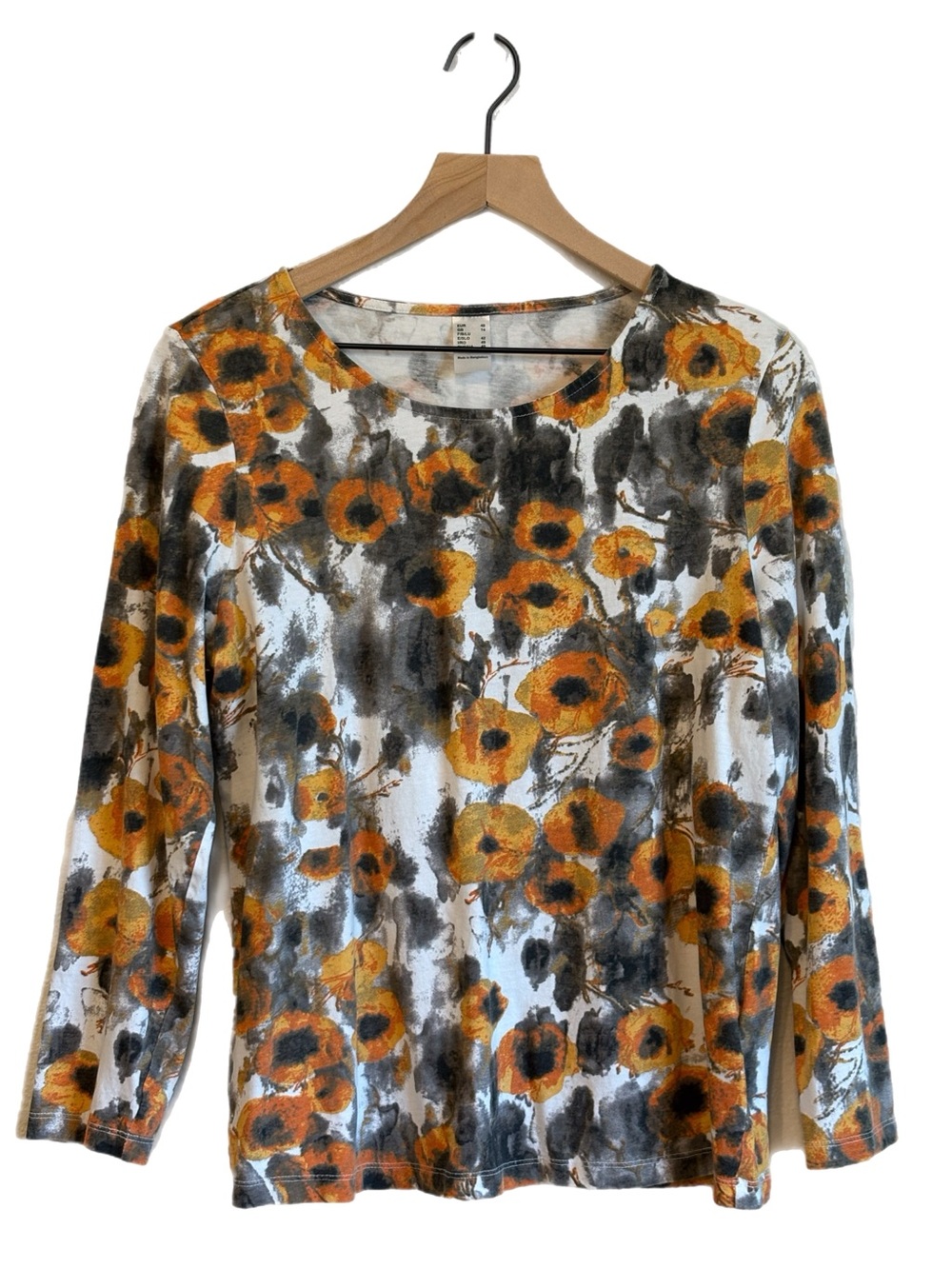 Cotton Women's Scoop Neck Autumn Floral Long-Sleeve Top White Gray Yellow L